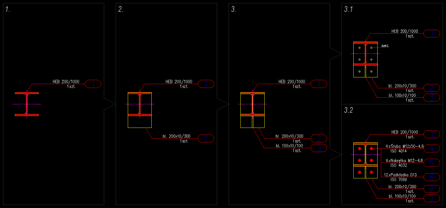 Połączenie doczołowe dwuteownika z blachą i z żebrem dolnym wykonane przy użyciu nakładki e-CAD Połączenia